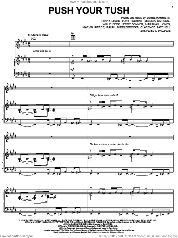 Push Your Tush sheet music for voice, piano or guitar by Jessica Simpson, Clarence Satchell, James Harris, James L. Williams, Leroy Bonner, Marshall Jones, Marvin Pierce, Ralph Middlebrooks, Terry Lewis, Tony Tolbert and Willie Beck, intermediate skill level