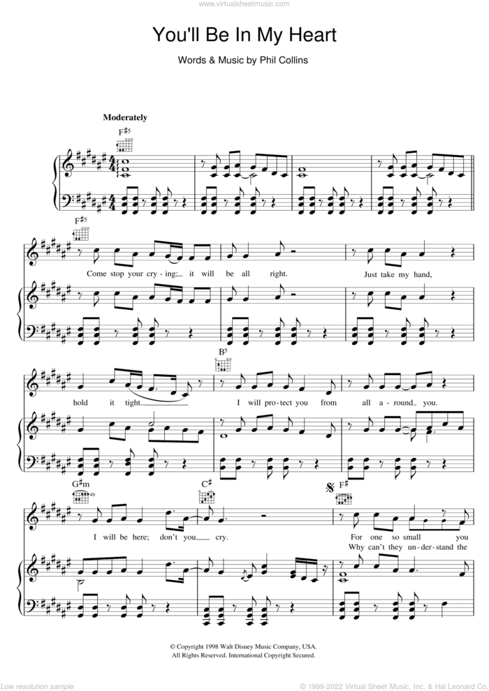 You'll Be In My Heart (from Tarzan) sheet music for voice, piano or guitar by Phil Collins, intermediate skill level