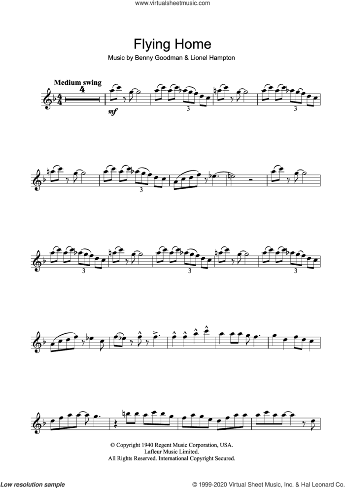 Flying Home sheet music for alto saxophone solo by Ella Fitzgerald, Benny Goodman and Lionel Hampton, intermediate skill level
