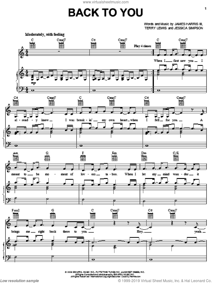 Back To You sheet music for voice, piano or guitar by Jessica Simpson, James Harris and Terry Lewis, intermediate skill level