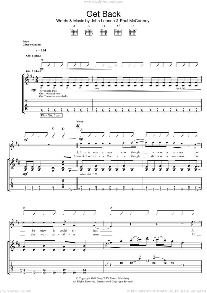 Get Back sheet music for guitar (tablature) by The Beatles, John Lennon and Paul McCartney, intermediate skill level