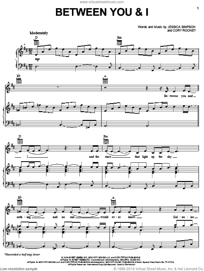 Between You And I sheet music for voice, piano or guitar by Jessica Simpson and Cory Rooney, intermediate skill level