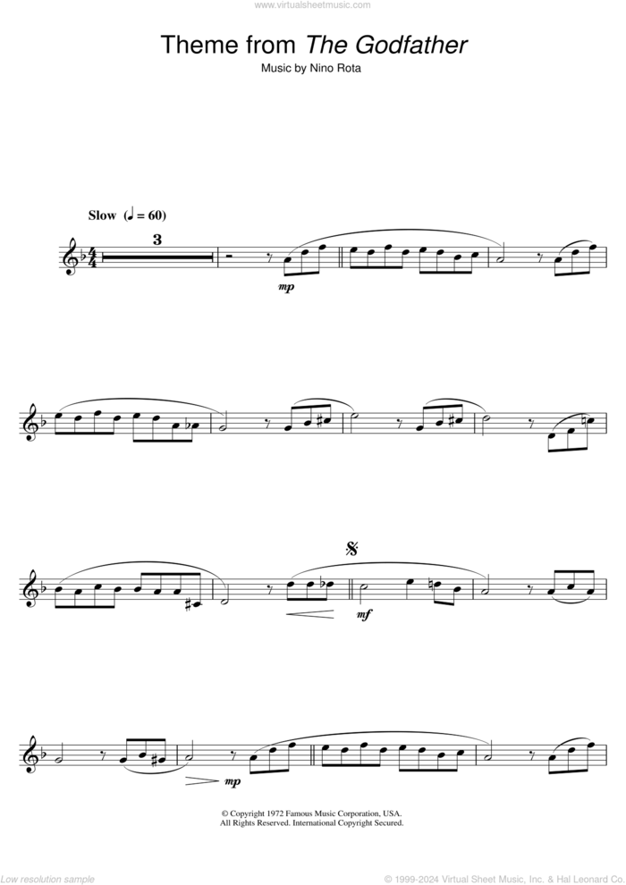 Theme from The Godfather sheet music for alto saxophone solo by Nino Rota, intermediate skill level