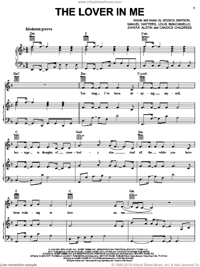 The Lover In Me sheet music for voice, piano or guitar by Jessica Simpson, Candice Childress, Louis Biancaniello and Sam Watters, intermediate skill level