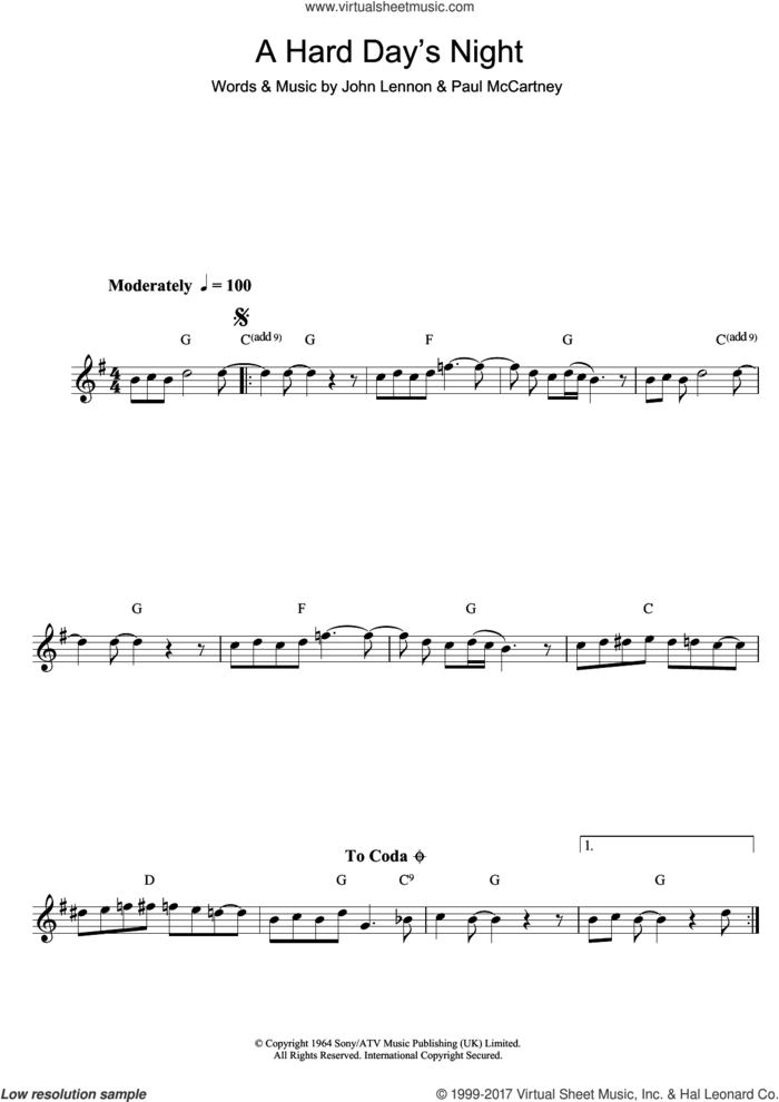 A Hard Day's Night sheet music for alto saxophone solo by The Beatles, John Lennon and Paul McCartney, intermediate skill level