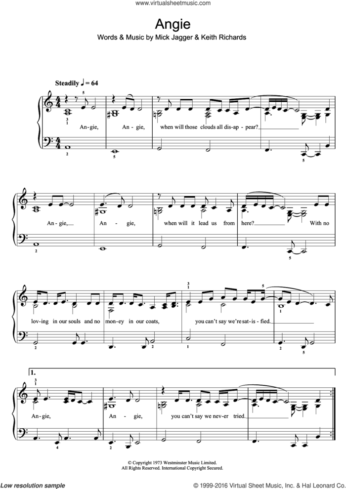 Angie sheet music for piano solo (beginners) by The Rolling Stones, Keith Richards and Mick Jagger, beginner piano (beginners)