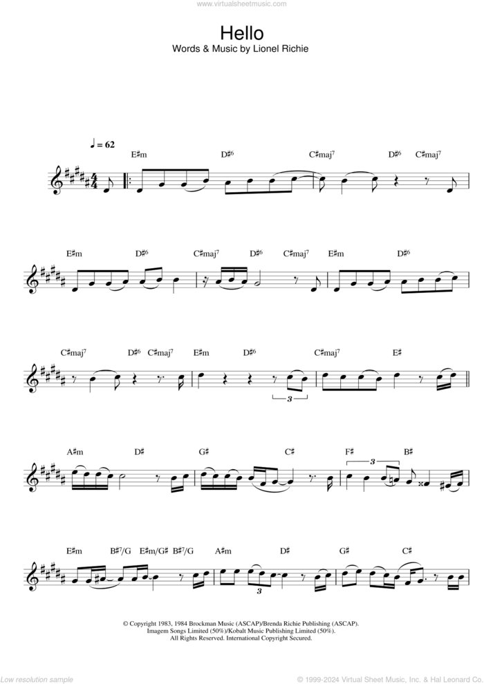 Hello sheet music for alto saxophone solo by Lionel Richie, intermediate skill level