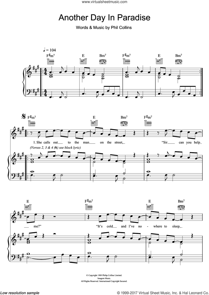 Another Day In Paradise sheet music for voice, piano or guitar by Phil Collins, intermediate skill level