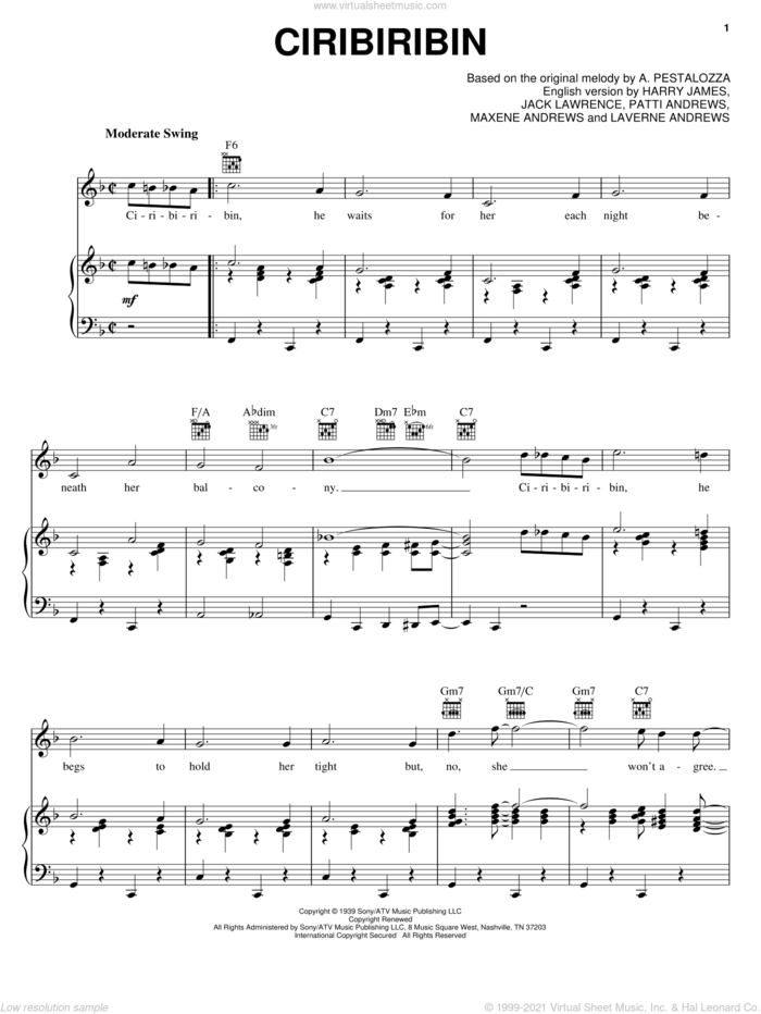 Ciribiribin sheet music for voice, piano or guitar by Harry James, Antonio Pestalozza and Jack Lawrence, intermediate skill level