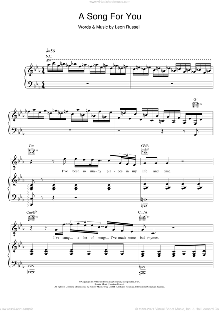 A Song For You sheet music for voice, piano or guitar by Ray Charles and Leon Russell, intermediate skill level