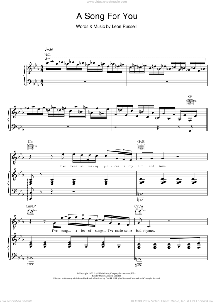 A Song For You sheet music for voice, piano or guitar by Ray Charles and Leon Russell, intermediate skill level