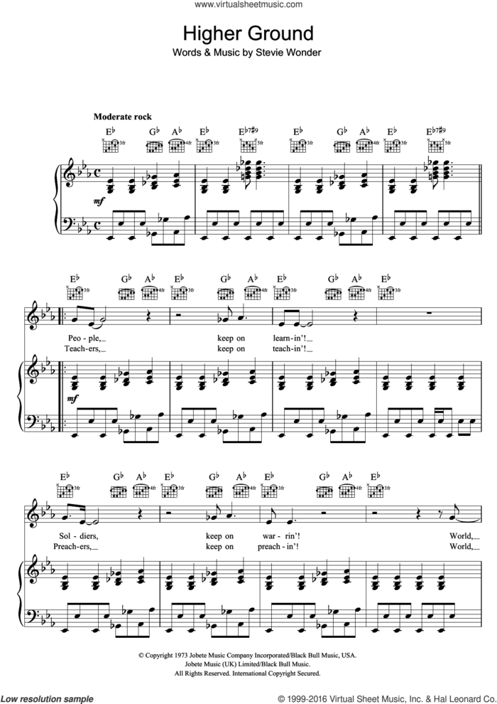 Higher Ground sheet music for voice, piano or guitar by Stevie Wonder, intermediate skill level