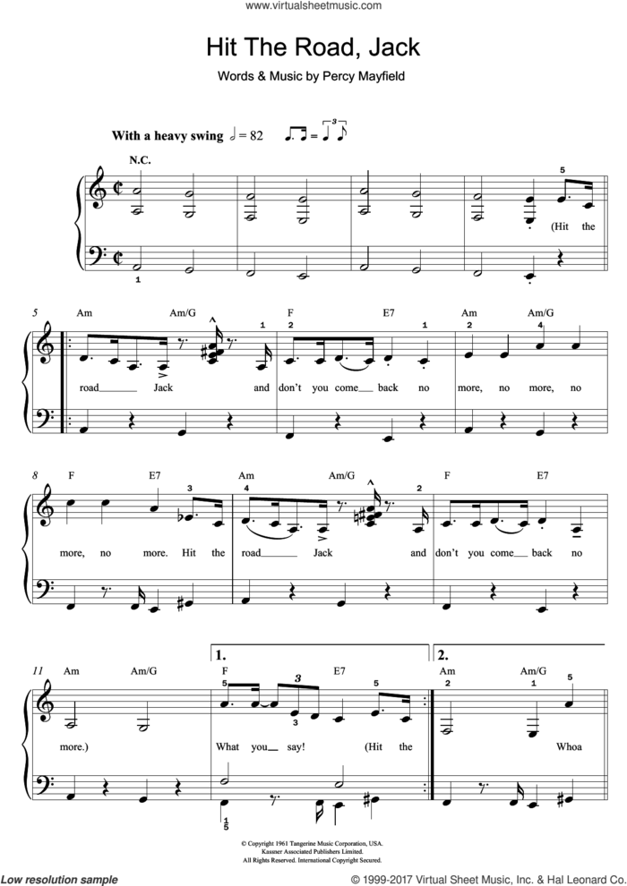 Hit The Road Jack, (easy) sheet music for piano solo by Ray Charles and Percy Mayfield, easy skill level