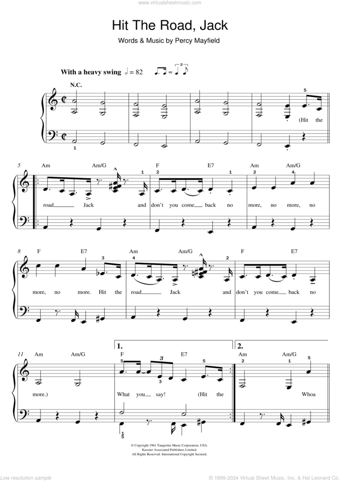 Hit The Road Jack, (easy) sheet music for piano solo by Ray Charles and Percy Mayfield, easy skill level