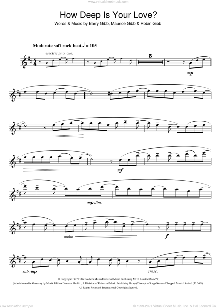 How Deep Is Your Love sheet music for alto saxophone solo by Bee Gees, Barry Gibb, Maurice Gibb and Robin Gibb, intermediate skill level