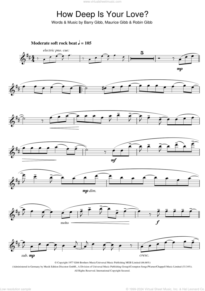 How Deep Is Your Love sheet music for alto saxophone solo by Bee Gees, Barry Gibb, Maurice Gibb and Robin Gibb, intermediate skill level