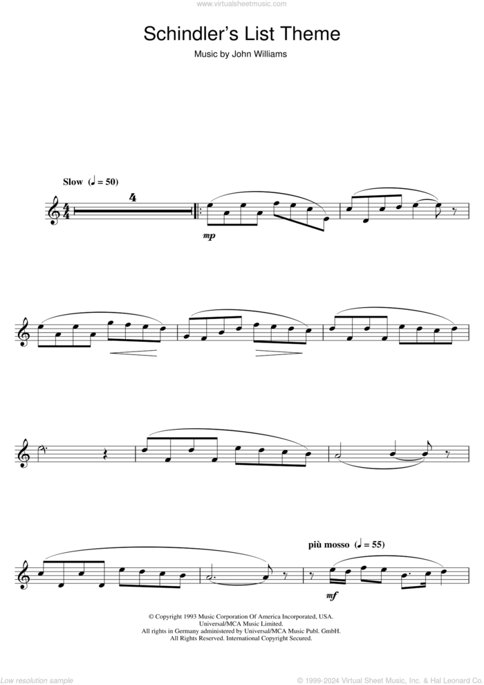 Theme From Schindler's List sheet music for alto saxophone solo by John Williams, intermediate skill level