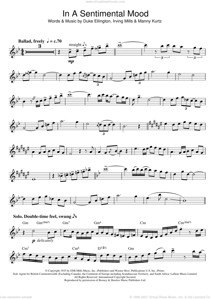 In A Sentimental Mood sheet music for alto saxophone solo by Duke Ellington, Irving Mills and Manny Kurtz, intermediate skill level