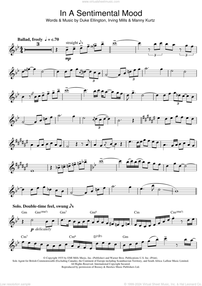 In A Sentimental Mood sheet music for alto saxophone solo by Duke Ellington, Irving Mills and Manny Kurtz, intermediate skill level