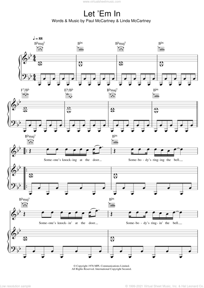 Let 'Em In sheet music for voice, piano or guitar by Wings, Paul McCartney and Linda McCartney, intermediate skill level