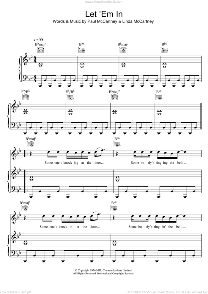 Let 'Em In sheet music for voice, piano or guitar by Wings, Paul McCartney and Linda McCartney, intermediate skill level