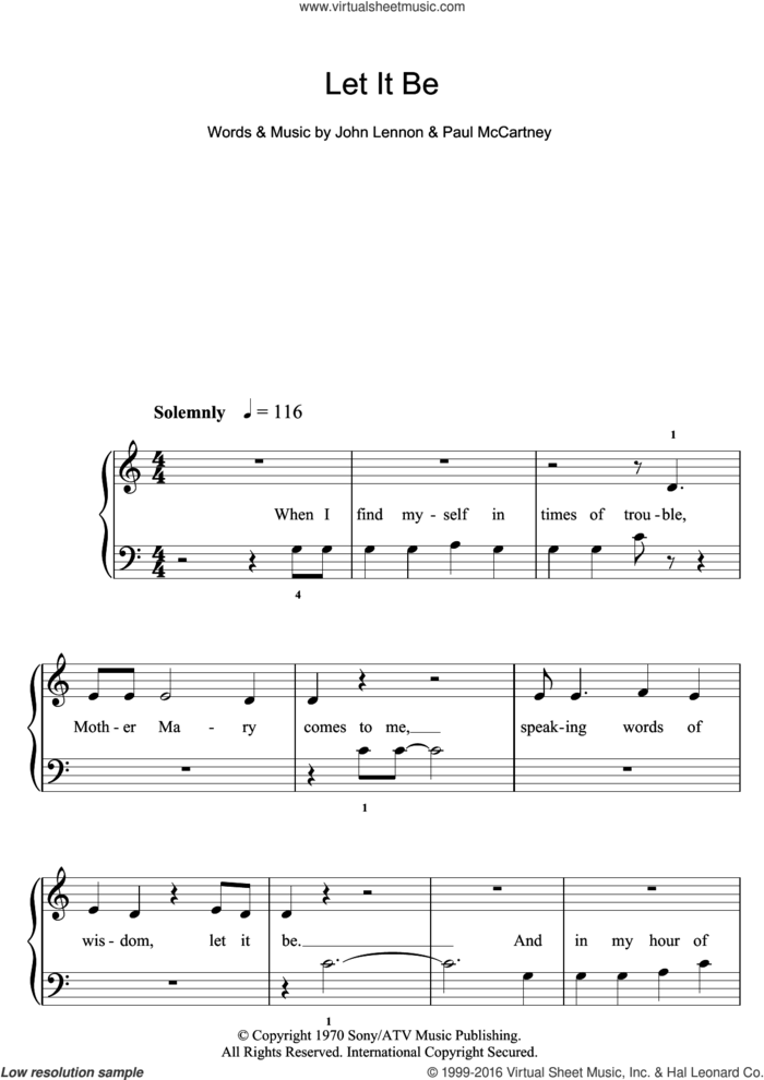 Let It Be sheet music for piano solo (5-fingers) by The Beatles, John Lennon and Paul McCartney, beginner piano (5-fingers)