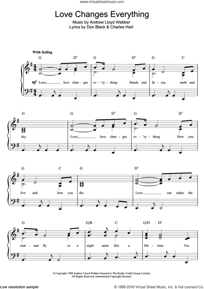 Love Changes Everything (from Aspects Of Love) sheet music for piano solo (beginners) by Andrew Lloyd Webber, Aspects Of Love, Charles Hart and Don Black, beginner piano (beginners)