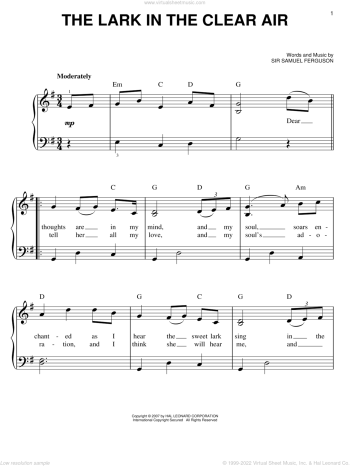 The Lark In The Clear Air sheet music for piano solo by Sir Samuel Ferguson, easy skill level
