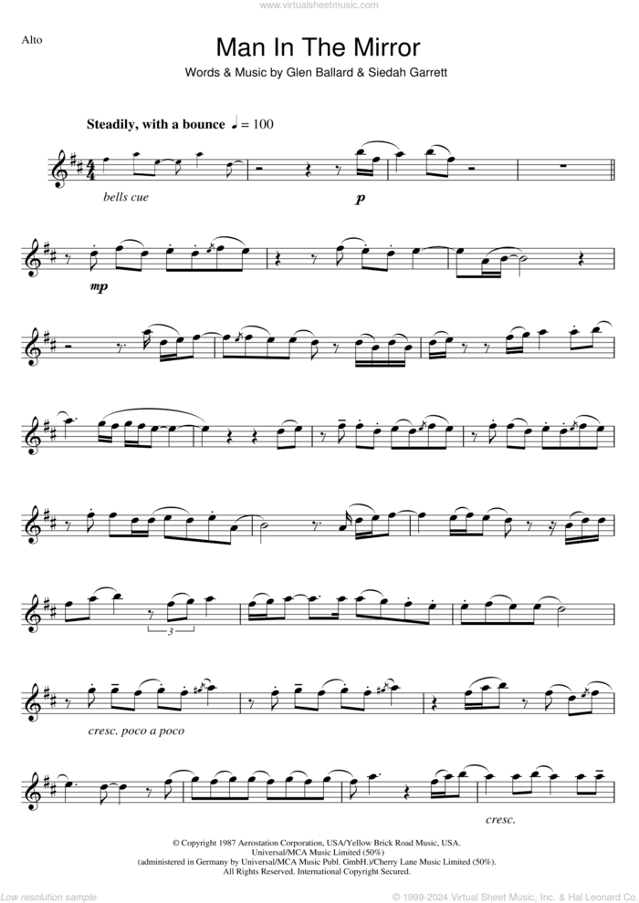 Man In The Mirror sheet music for alto saxophone solo by Michael Jackson, Glen Ballard and Siedah Garrett, intermediate skill level