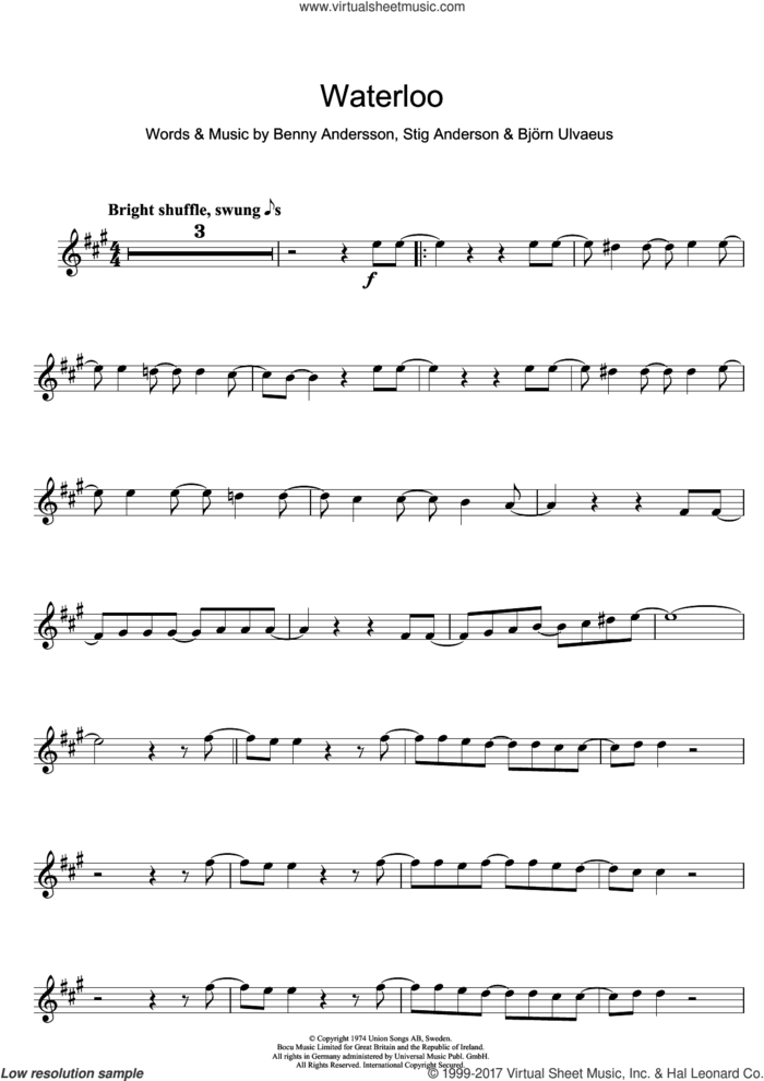 Waterloo sheet music for alto saxophone solo by ABBA, Benny Andersson, Bjorn Ulvaeus and Stig Anderson, intermediate skill level