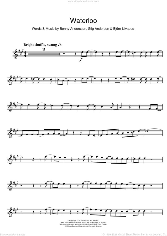 Waterloo sheet music for alto saxophone solo by ABBA, Benny Andersson, Bjorn Ulvaeus and Stig Anderson, intermediate skill level