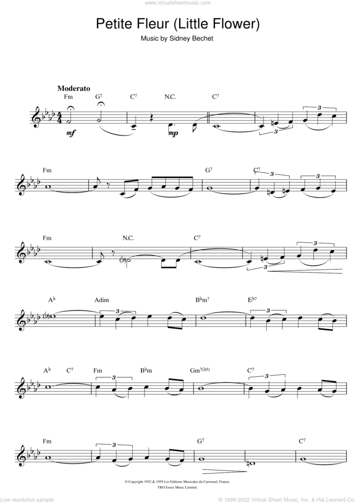 Petite Fleur (Little Flower) sheet music for alto saxophone solo by Sidney Bechet, intermediate skill level