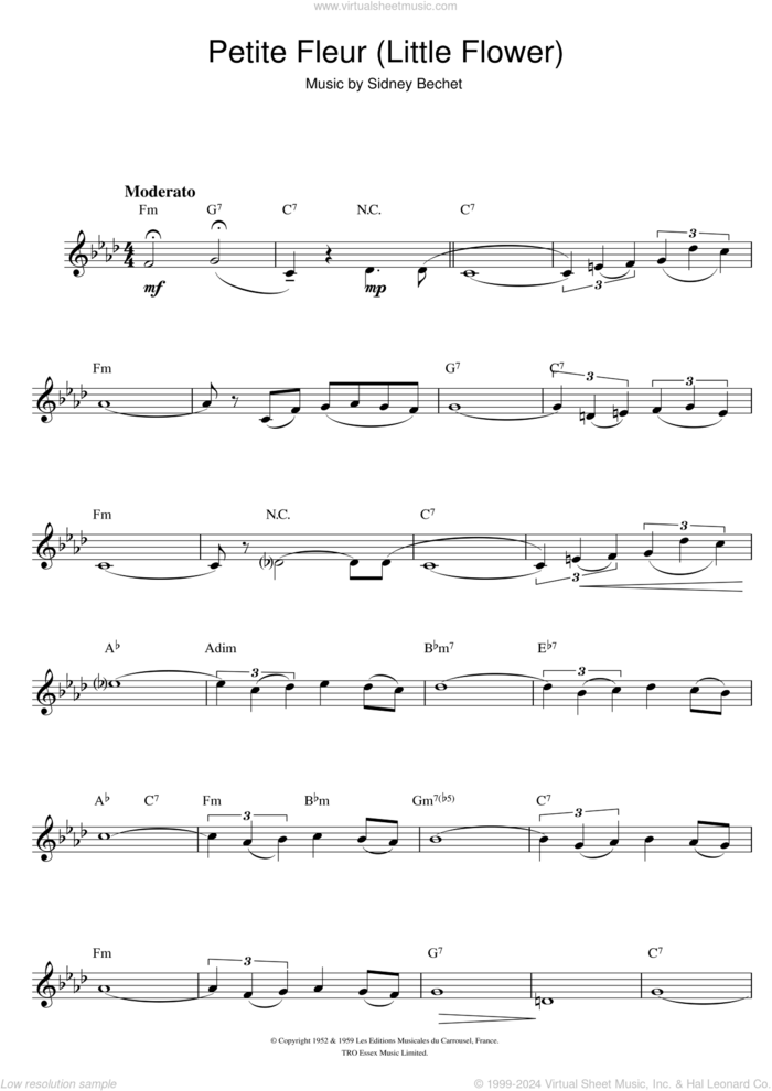 Petite Fleur (Little Flower) sheet music for alto saxophone solo by Sidney Bechet, intermediate skill level