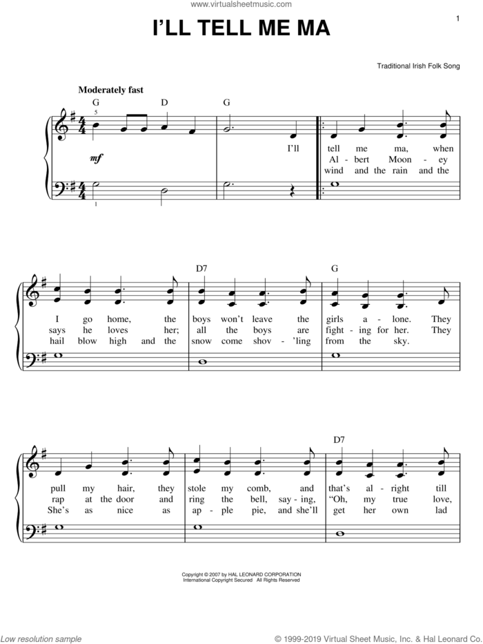 I'll Tell Me Ma sheet music for piano solo, easy skill level