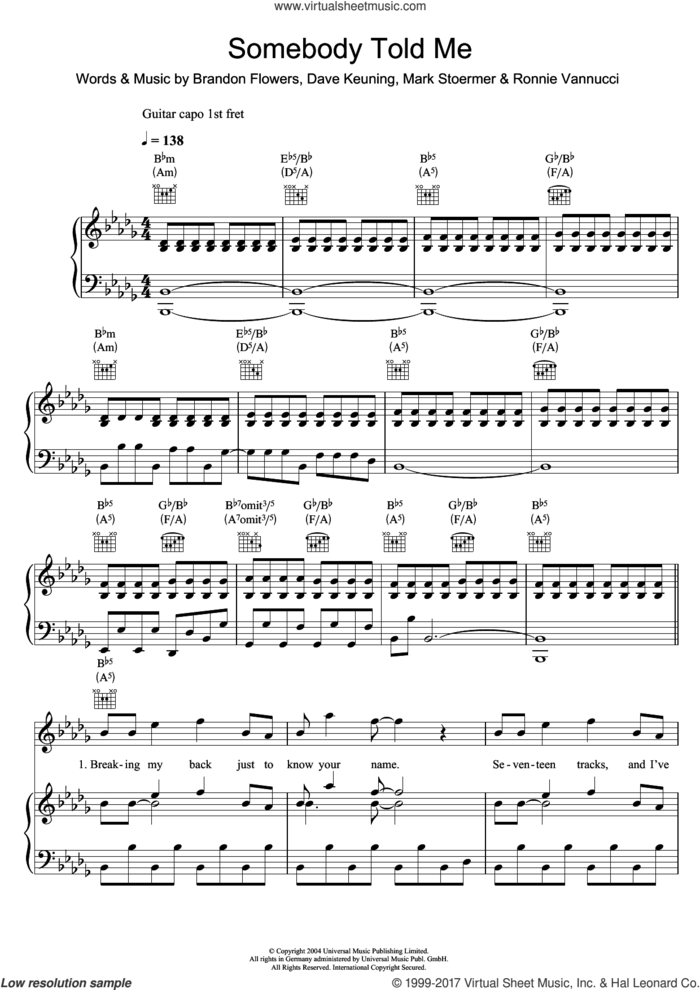 Somebody Told Me sheet music for voice, piano or guitar by The Killers, Brandon Flowers, Dave Keuning, Mark Stoermer and Ronnie Vannucci, intermediate skill level