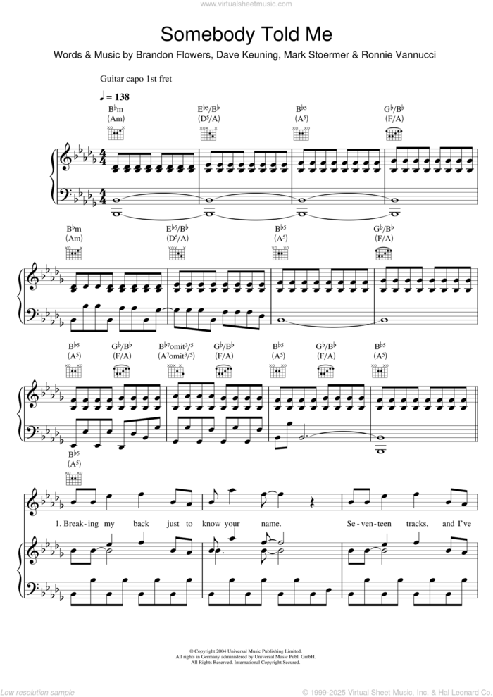 Somebody Told Me sheet music for voice, piano or guitar by The Killers, Brandon Flowers, Dave Keuning, Mark Stoermer and Ronnie Vannucci, intermediate skill level