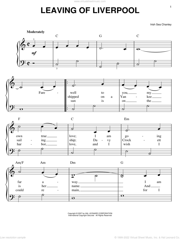 Leaving Of Liverpool sheet music for piano solo by Irish Sea Chanty, easy skill level