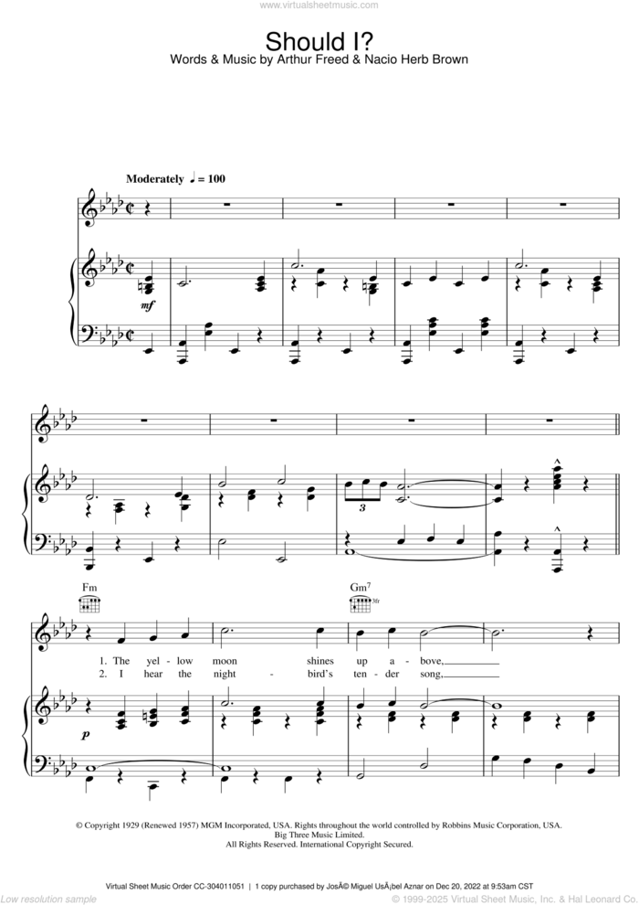 Should I sheet music for voice, piano or guitar by Frank Sinatra, Arthur Freed and Nacio Herb Brown, intermediate skill level