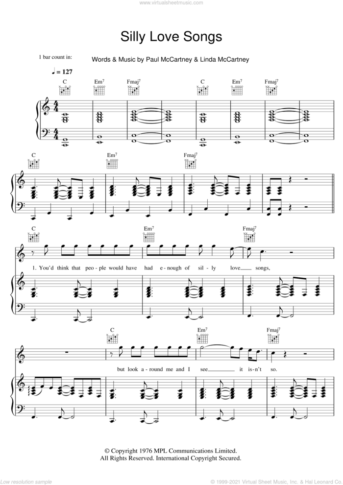 Silly Love Songs sheet music for voice, piano or guitar by Wings, Paul McCartney and Linda McCartney, intermediate skill level