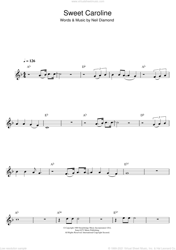 Sweet Caroline sheet music for alto saxophone solo by Neil Diamond, intermediate skill level