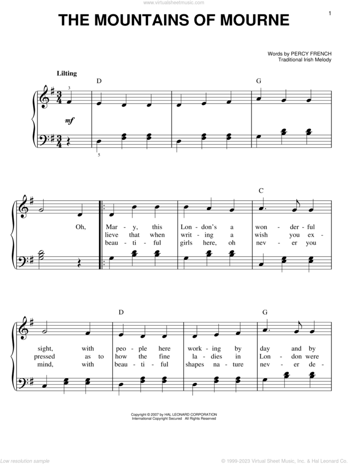 The Mountains Of Mourne, (easy) sheet music for piano solo by Percy French and Miscellaneous, easy skill level
