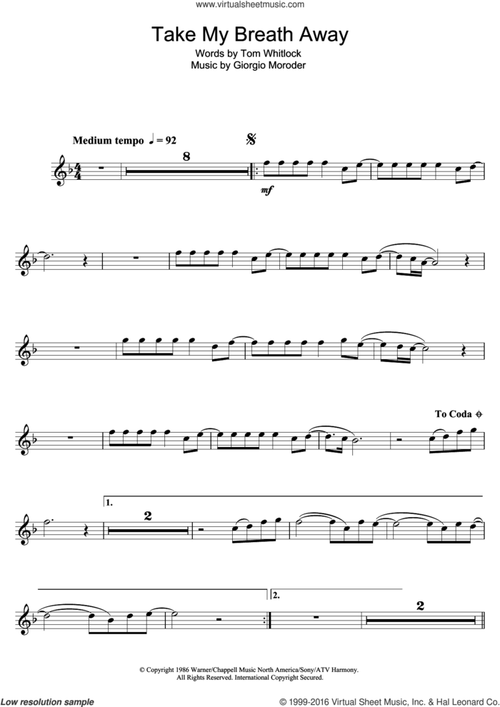 Take My Breath Away sheet music for alto saxophone solo by Giorgio Moroder, Irving Berlin and Tom Whitlock, intermediate skill level
