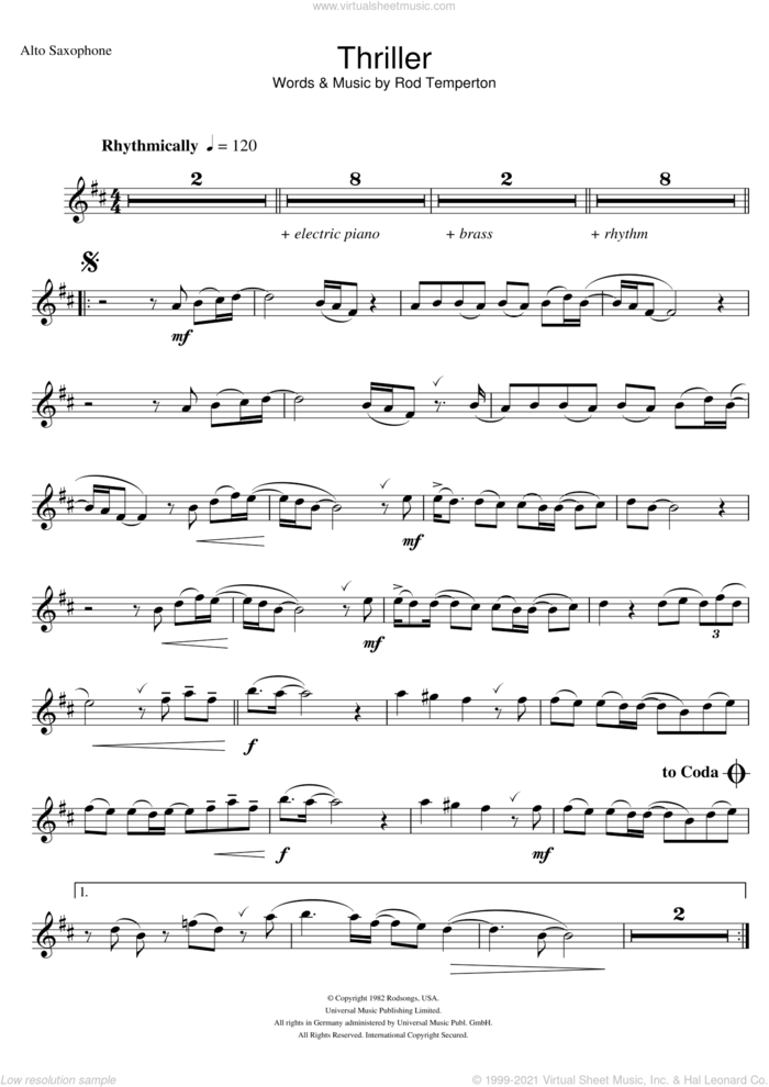 Thriller sheet music for alto saxophone solo by Michael Jackson and Rod Temperton, intermediate skill level