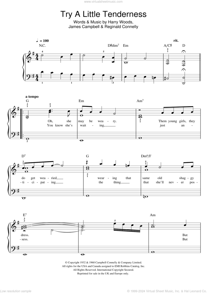 Try A Little Tenderness sheet music for piano solo by Otis Redding, The Commitments, Harry Woods, James Campbell and Reg Connelly, easy skill level