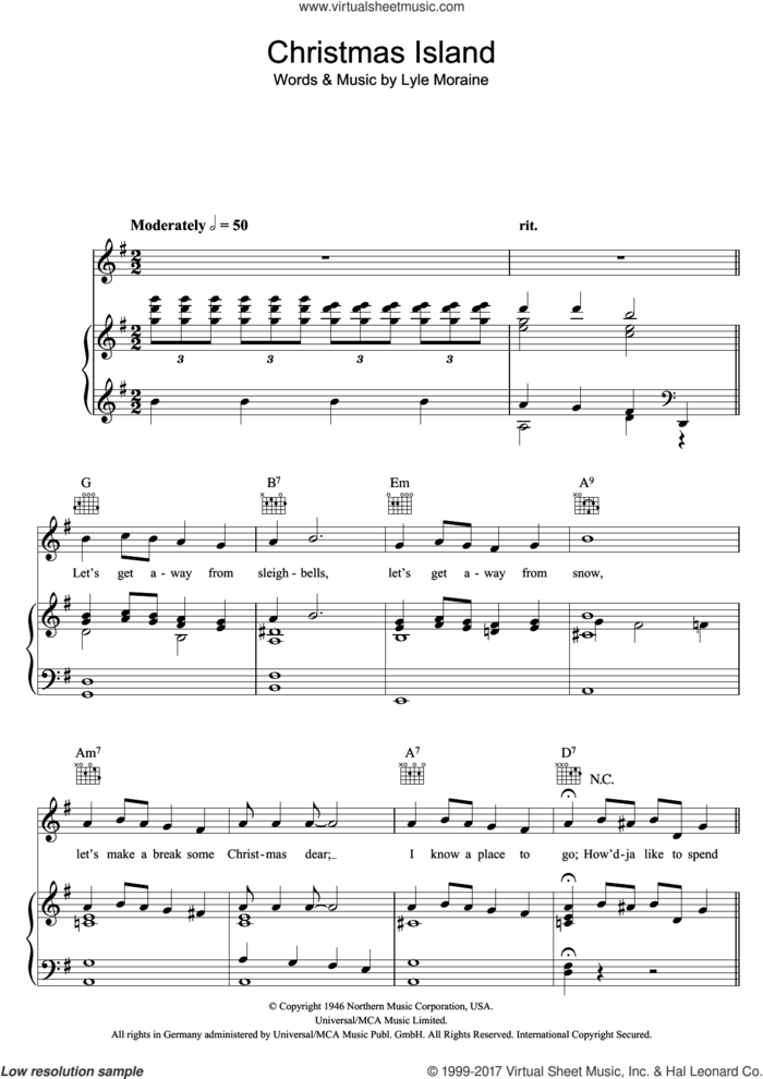 Christmas Island sheet music for voice, piano or guitar by Lyle Moraine, intermediate skill level