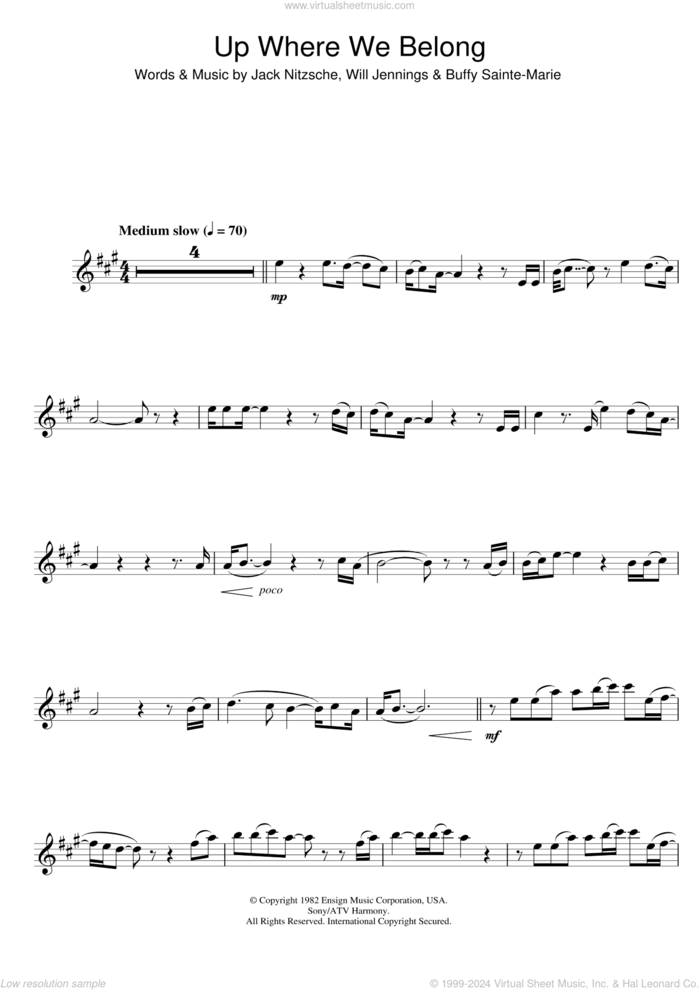 Up Where We Belong (from An Officer And A Gentleman) sheet music for alto saxophone solo by Joe Cocker, Jennifer Warnes, Buffy Sainte-Marie, Jack Nitzsche and Will Jennings, intermediate skill level