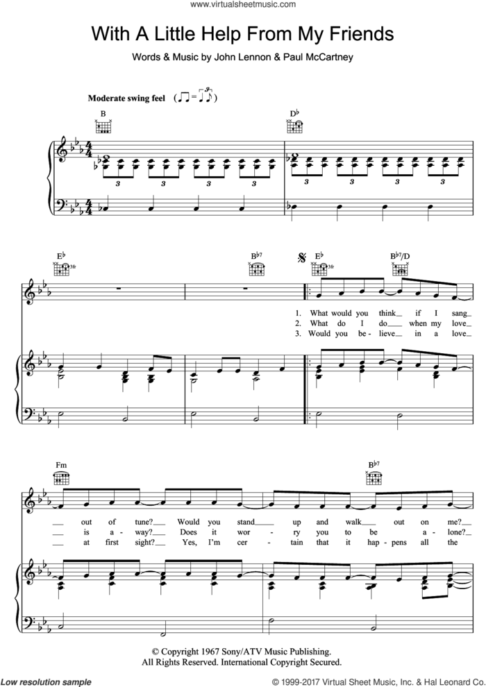 With A Little Help From My Friends sheet music for voice, piano or guitar by The Beatles, John Lennon and Paul McCartney, intermediate skill level