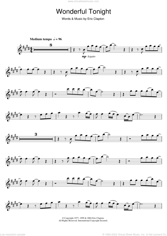 Wonderful Tonight sheet music for alto saxophone solo by Eric Clapton, wedding score, intermediate skill level