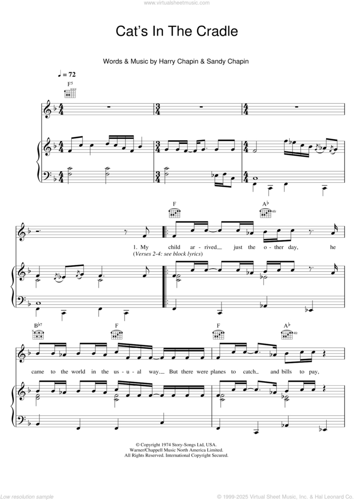 Cat's In The Cradle sheet music for voice, piano or guitar by Harry Chapin and Sandy Chapin, intermediate skill level