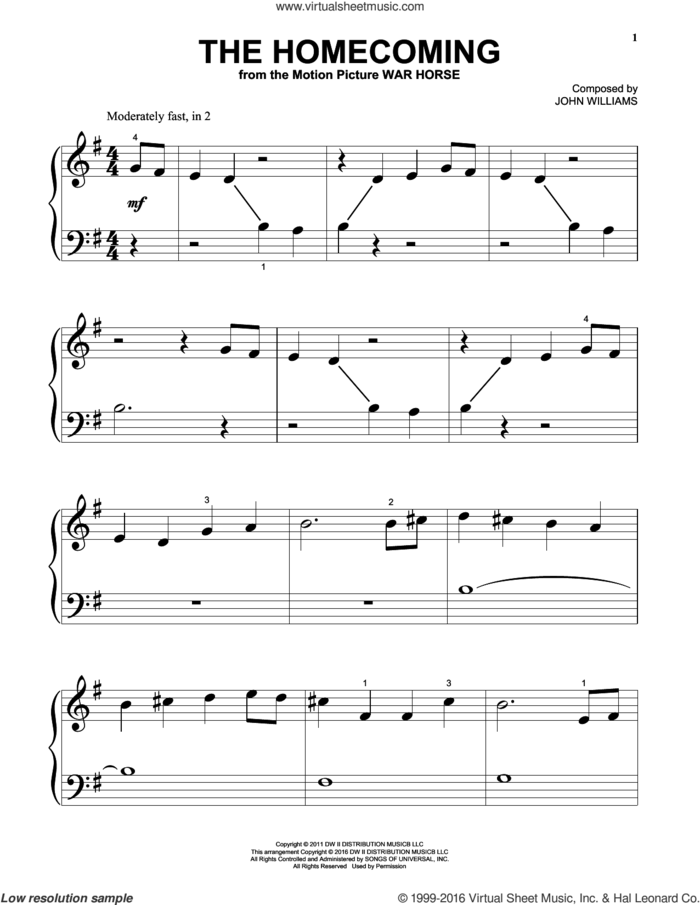 The Homecoming sheet music for piano solo (big note book) by John Williams, easy piano (big note book)